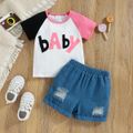 100% Cotton 2pcs Baby Boy/Girl Letter Print Colorblock Raglan-sleeve T-shirt and Ripped Denim Shorts Pink