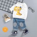 2pcs Baby Boy/Girl 100% Cotton Jeans and Cartoon Dinosaur & Letter Print Long-sleeve Sweatshirt Set White