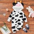 Baby Boy/Girl Cow Print 3D Ears Embroidered Hooded Long-sleeve Fuzzy Jumpsuit White
