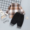 2pcs Baby Boy Long-sleeve Button Up Plaid Shirt and Ripped Jeans Set Khaki image 2