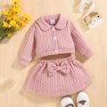 2pcs Baby Girl Long-sleeve Button Front Pink Cable Knit Top and Bow Front Skirt Set Pink image 1
