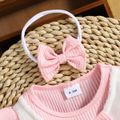 2pcs Baby Girl Long-sleeve Faux-two Embroidered Fuzzy Spliced Rib Knit Bow Front Romper with Headband Set Pink
