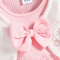 2pcs Baby Girl Long-sleeve Faux-two Embroidered Fuzzy Spliced Rib Knit Bow Front Romper with Headband Set Pink