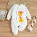 Baby Girl Animal Embroidered Quilted Long-sleeve Button Jumpsuit White image 1