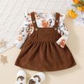2pcs Baby Girl Allover Floral Print Ruffle Long-sleeve Romper and Corduroy Overall Dress Set Brown image 2