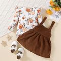 2pcs Baby Girl Allover Floral Print Ruffle Long-sleeve Romper and Corduroy Overall Dress Set Brown image 4
