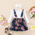 3pcs Baby Boy/Girl 100% Cotton Floral Print Denim Suspender Skirt and Solid Ruffle Long-sleeve Ribbed Romper with Headband Set White image 1