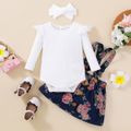 3pcs Baby Boy/Girl 100% Cotton Floral Print Denim Suspender Skirt and Solid Ruffle Long-sleeve Ribbed Romper with Headband Set White image 2
