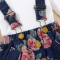 3pcs Baby Boy/Girl 100% Cotton Floral Print Denim Suspender Skirt and Solid Ruffle Long-sleeve Ribbed Romper with Headband Set White image 4