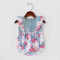 Mommy and Me Floral Print Stitching Solid Tank Rompers Light Blue