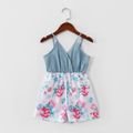 Mommy and Me Floral Print Stitching Solid Tank Rompers Light Blue