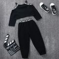 2-piece Baby / Toddler Girl Letter Off Shoulder Solid Top and Ankle-length Pants Set Black