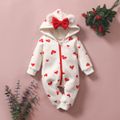 Heart or Strawberry Allover 3D Ear Decor Hooded Long-sleeve Baby Jumpsuit White image 1