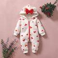 Heart or Strawberry Allover 3D Ear Decor Hooded Long-sleeve Baby Jumpsuit White image 2