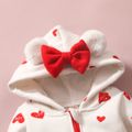 Heart or Strawberry Allover 3D Ear Decor Hooded Long-sleeve Baby Jumpsuit White image 4