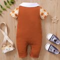 Plaid and Dino Print Splice Faux-two Design Bow Tie Decor Short-sleeve Baby Jumpsuit Brown