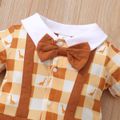Plaid and Dino Print Splice Faux-two Design Bow Tie Decor Short-sleeve Baby Jumpsuit Brown