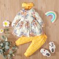 Baby 3pcs Floral Print White Long-sleeve Dress and Solid Trouser Set Yellow image 3