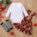Christmas 3pcs Baby Letter Print Cotton Long-sleeve Romper and Snowman Print Suspender Skirt Set Red