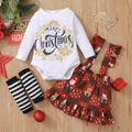Christmas 3pcs Baby Letter Print Cotton Long-sleeve Romper and Snowman Print Suspender Skirt Set Red
