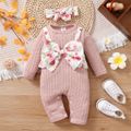 2-piece Baby Girl Floral Print Bowknot Design Cable Knit Textured Long-sleeve Jumpsuit and Headband Set Pink
