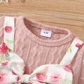 2-piece Baby Girl Floral Print Bowknot Design Cable Knit Textured Long-sleeve Jumpsuit and Headband Set Pink