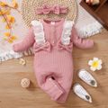 2-piece Baby Girl Ruffled Schiffy Design Bowknot Textured Long-sleeve Jumpsuit and Headband Set Brick red