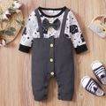 Baby Boy Gentleman Bow Tie Elephant Print Long-sleeve Splicing Solid Button Down Jumpsuit Black