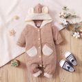 Baby Boy/Boy Heathered Knit Button Down 3D Ears Hooded Jumpsuit Brown image 1