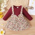 3pcs Baby Girl Solid Waffle Long-sleeve Romper and Floral Print Bowknot Suspender Skirt Set Burgundy