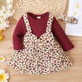 3pcs Baby Girl Solid Waffle Long-sleeve Romper and Floral Print Bowknot Suspender Skirt Set Burgundy
