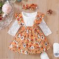 3pcs Baby Girl Lace Long-sleeve Romper with Floral Print Corduroy Suspender Skirt and Headband Set Ginger