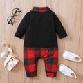 Baby Boy Red Plaid Letter Print Long-sleeve Splicing Jumpsuit Black