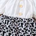 2pcs Baby Girl Button Design Solid Ribbed Puff-sleeve Splicing Cow Print Dress with Headband Set Black