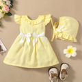 Stripe Holiday Baby Girl 2pcs Striped Ruffle and Bow Decor Flutter-sleeve Dress with Hat Yellow Set Yellow