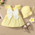 Stripe Holiday Baby Girl 2pcs Striped Ruffle and Bow Decor Flutter-sleeve Dress with Hat Yellow Set Yellow