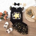 3pcs Baby Girl Letter Print Black Flutter-sleeve Romper and Glitter Stars Mesh Tutu Skirt with Headband Set Black