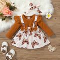 2pcs Baby Girl Rib Knit Ruffle Bowknot Spliced Butterfly Print Long-sleeve Dress with Headband Set Brown image 1