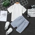100% Cotton Baby Boy Stand Collar Short-sleeve White Shirt Top and Striped Blue Shorts Set White