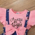 2pcs Baby Girl Letter Embroidered Rib Knit Flutter-sleeve Spliced Floral Print Jumpsuit with Headband Set Pink image 4
