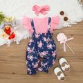 2pcs Baby Girl Letter Embroidered Rib Knit Flutter-sleeve Spliced Floral Print Jumpsuit with Headband Set Pink image 2