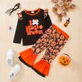 2pcs Toddler Girl Halloween Letter Print Long-sleeve Tee and Pumpkin Print Flared Pants Set Orange