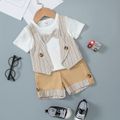 2pcs Baby Boy 100% Cotton Striped Waistcoat Faux-two Short-sleeve Top and Spliced Shorts Set LightKhaki