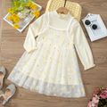 2pcs Toddler Girl Mock Neck Long-sleeve Dress and Floral Print Mesh Slip Dress Set Beige
