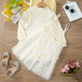 2pcs Toddler Girl Mock Neck Long-sleeve Dress and Floral Print Mesh Slip Dress Set Beige