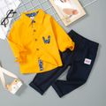 2-piece Toddler Boy Letter Applique Lapel Collar Long-sleeve Yellow Shirt and Solid Dark Blue Pants Set Yellow image 1