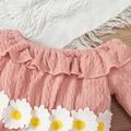 2pcs Baby Girl Applique Decor Pink Textured Ruffle Trim Bell-sleeve Jumpsuit with Headband Set Pink image 3