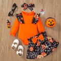 Halloween 3pcs Baby Girl 95% Cotton Long-sleeve Ruffle Trim Romper and Bow Front Allover Pumpkin & Letter Print Skirt with Headband Set Orange