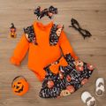 Halloween 3pcs Baby Girl 95% Cotton Long-sleeve Ruffle Trim Romper and Bow Front Allover Pumpkin & Letter Print Skirt with Headband Set Orange