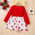 Toddler Girl Valentine's Day Ruffled Heart Print Mesh Splice Long-sleeve Dress Red